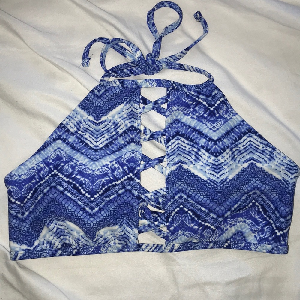crossed front, open back, swim top